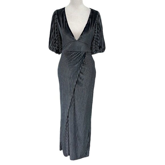 Lovers & Friends Velvet Ribbed Puff Sleeve Front Slit Maxi Dress Blue size XS - Picture 1 of 10